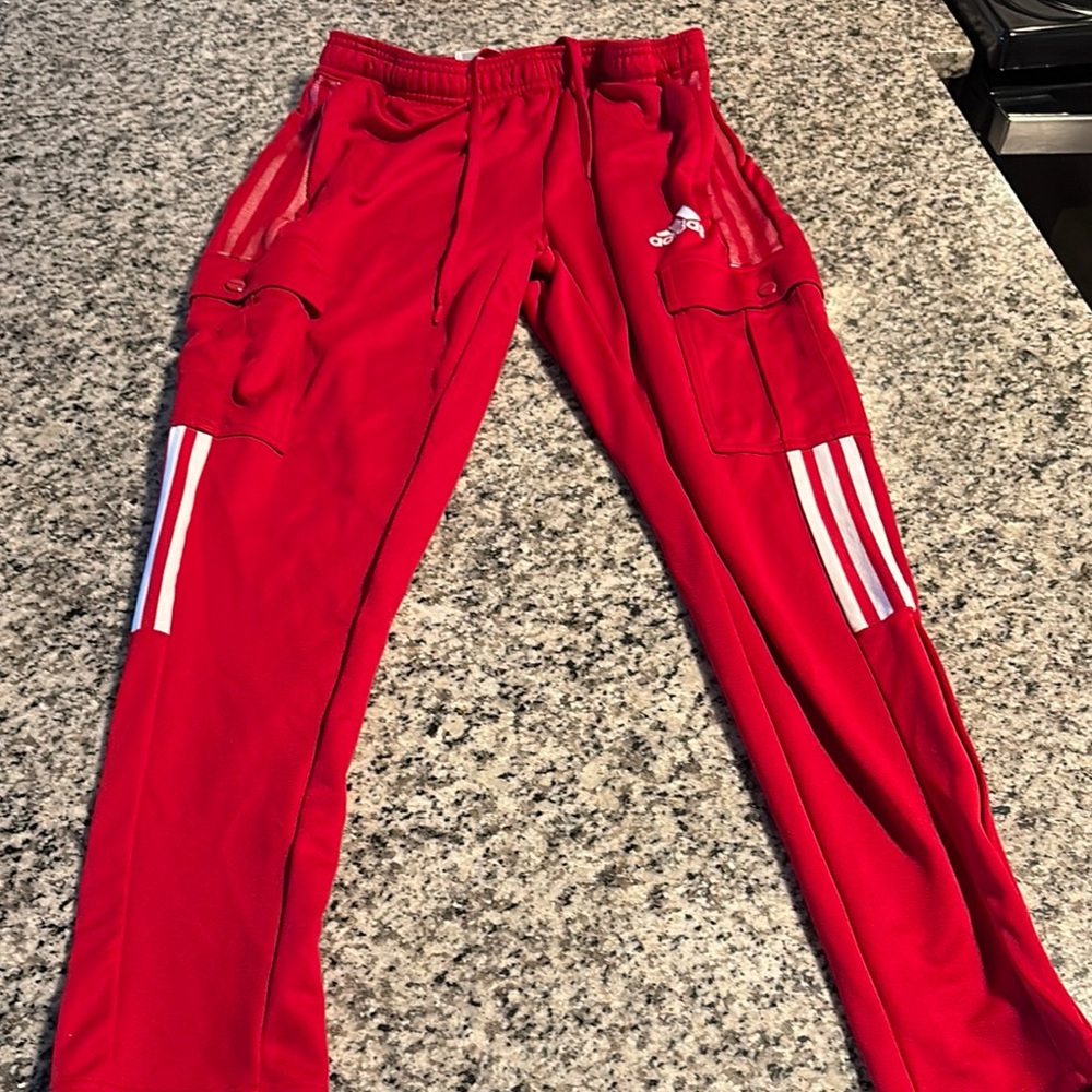 Adidas Red Cargo Sweatpants with Three-Stripe Design